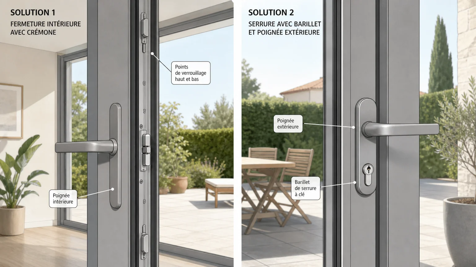 Comparaison entre crémone et serrure sur une porte-fenêtre aluminium à 1 vantail