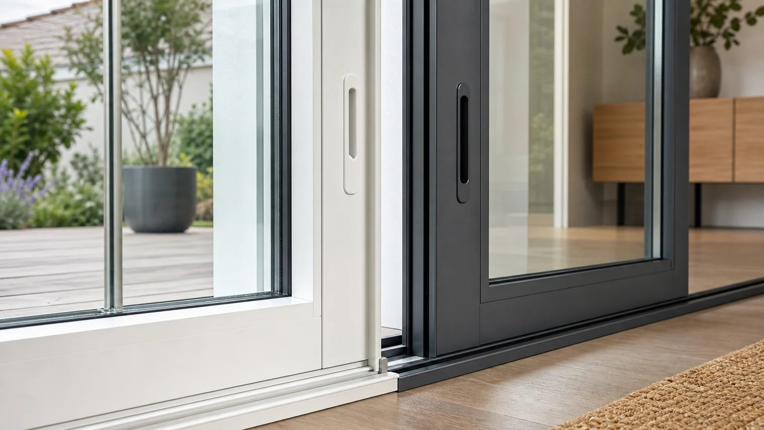 Détail comparatif de profilés de baie vitrée aluminium blancs et gris anthracite