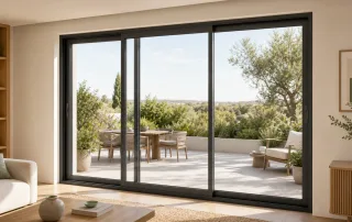 Fenêtre coulissante aluminium à trois vantaux dans un intérieur lumineux
