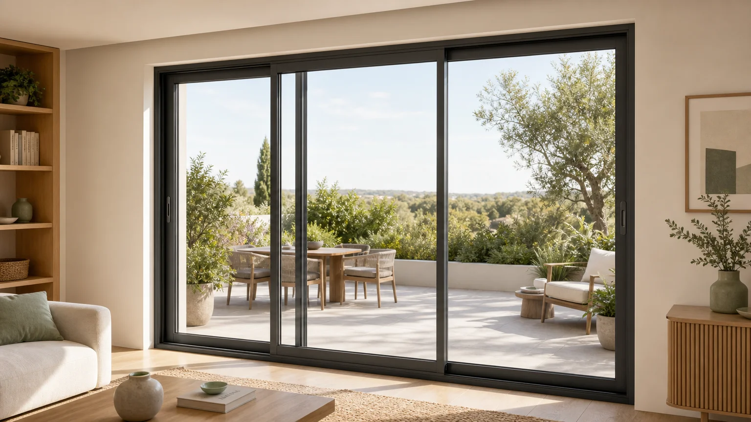 Fenêtre coulissante aluminium à trois vantaux dans un intérieur lumineux