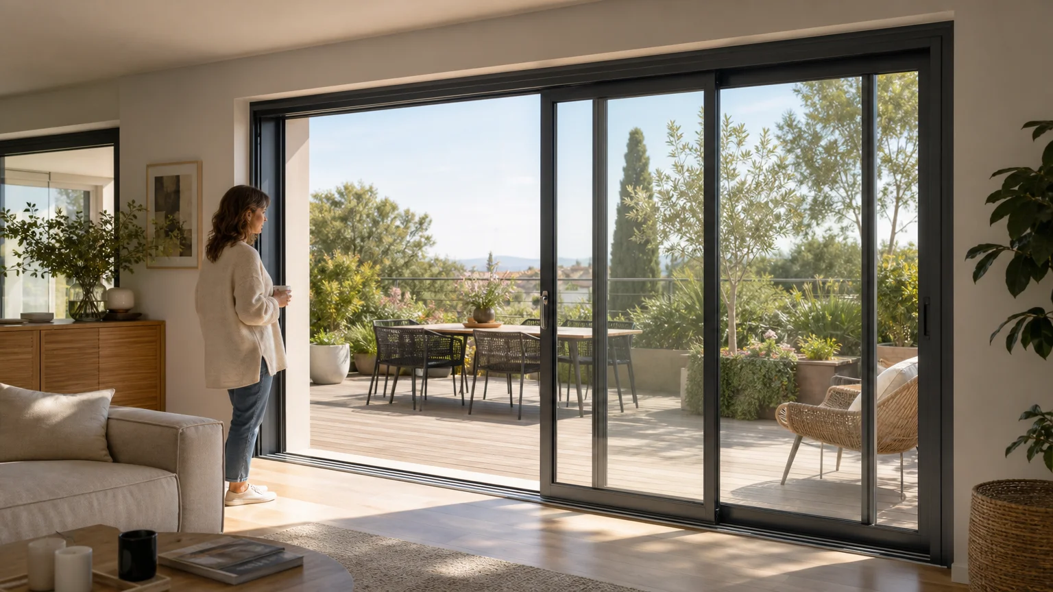 Intérieur lumineux équipé d'une fenêtre coulissante aluminium à trois vantaux et trois rails