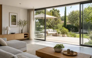 Grande baie vitrée coulissante en aluminium dans un salon lumineux