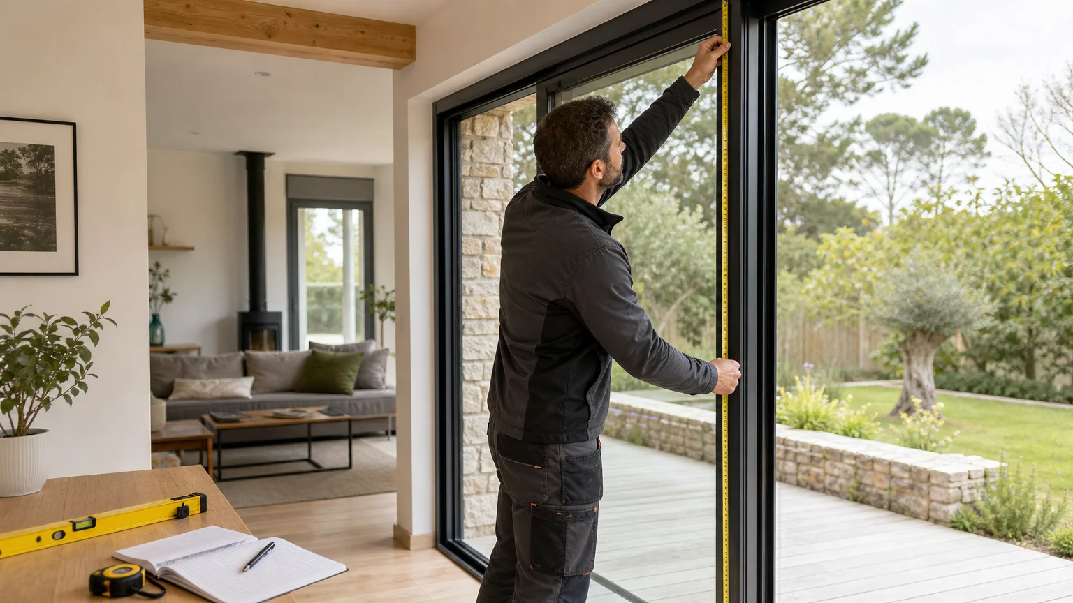 Professionnel prenant les mesures d'une baie vitrée aluminium sur mesure