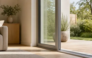 Grande baie coulissante aluminium avec vitrage isolant dans un intérieur français