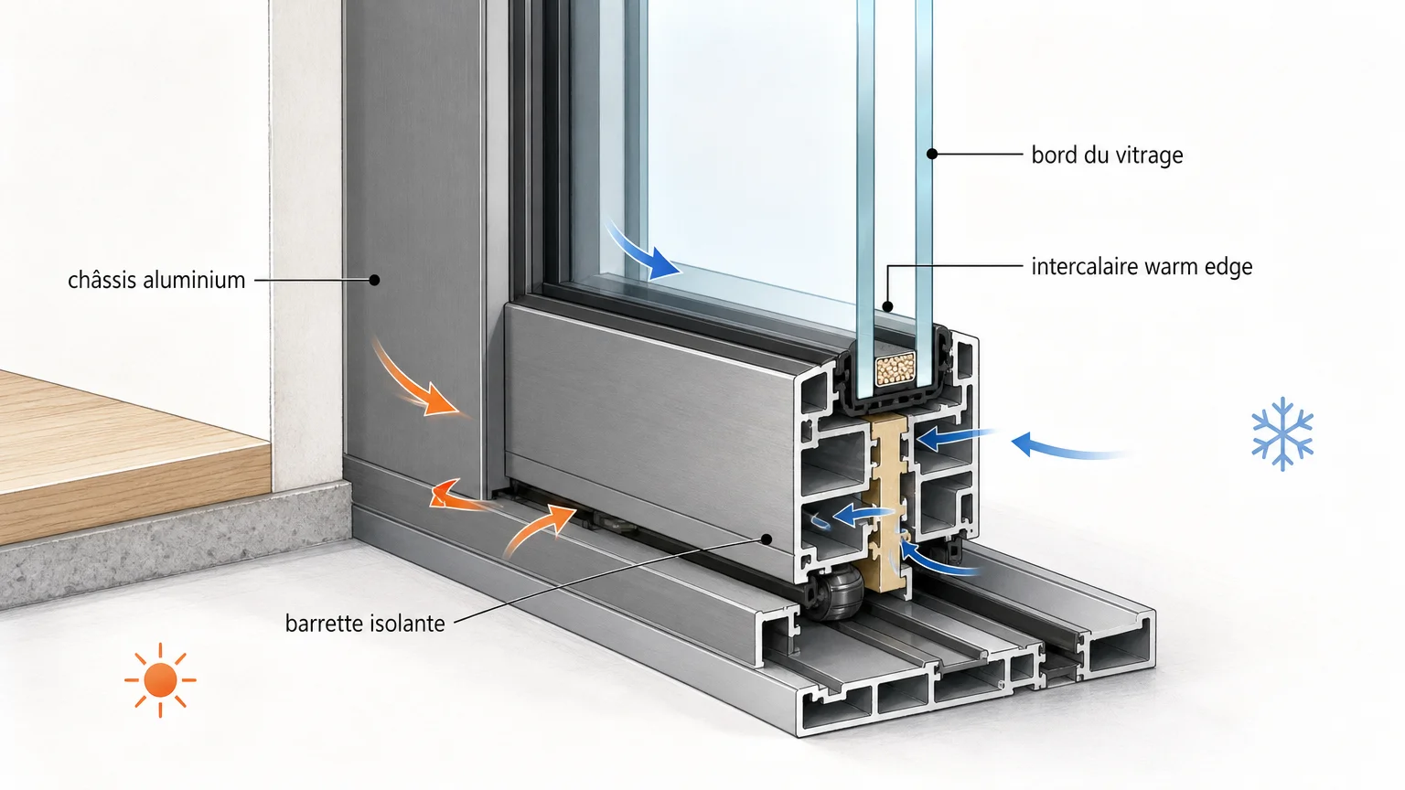 Coupe technique d'un coulissant aluminium avec rupture thermique et intercalaire warm edge