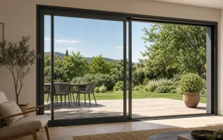 Baie vitrée coulissante aluminium ouverte sur une terrasse
