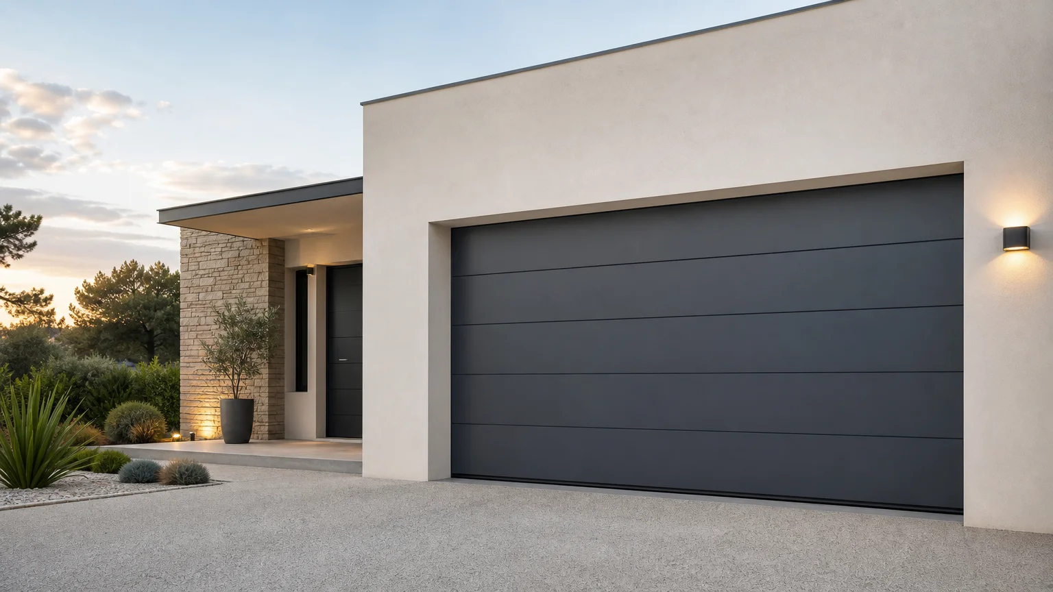 Porte de garage sectionnelle professionnelle sur une maison contemporaine