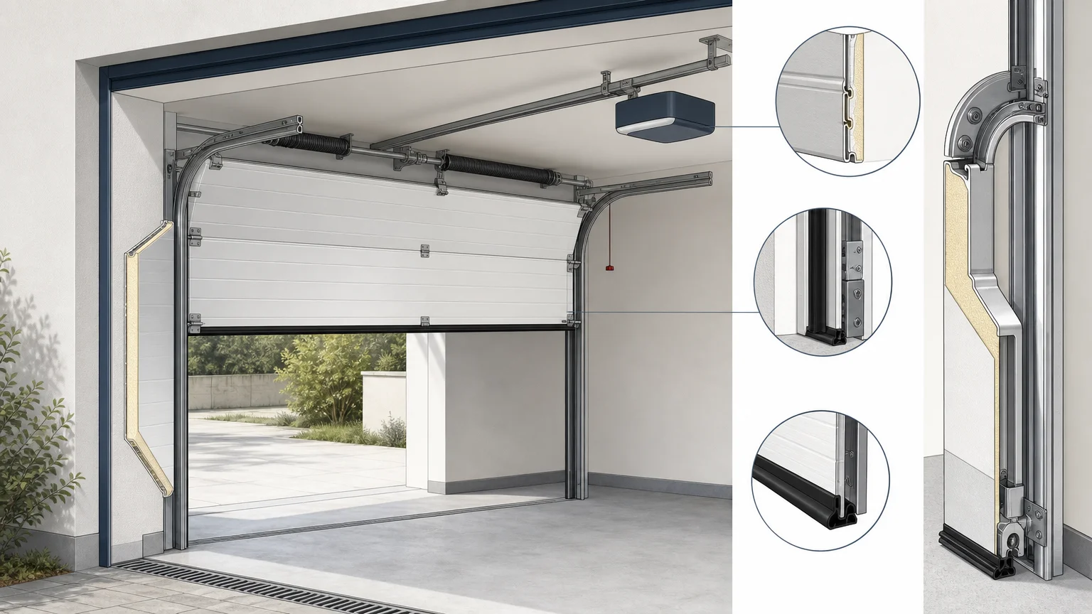 Coupe illustrative d'une porte de garage sectionnelle isolante avec rails et panneaux double paroi