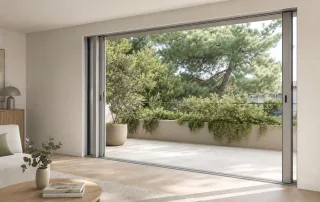 Fenêtre aluminium à galandage ouverte sur une terrasse