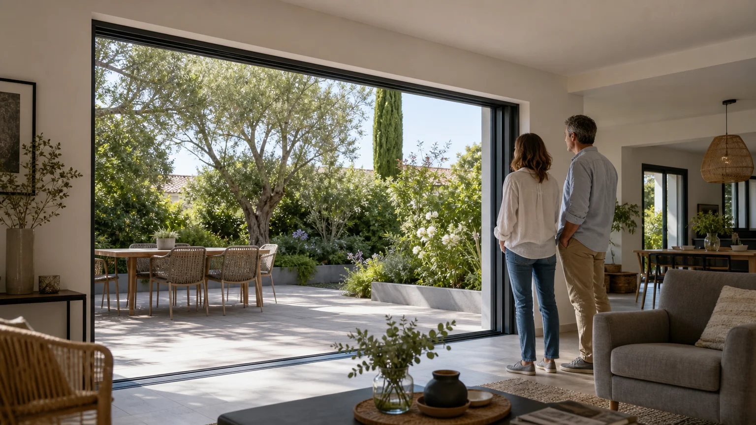 Séjour ouvert sur une terrasse grâce à une fenêtre alu à galandage