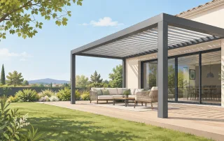 Pergola bioclimatique contemporaine aux lames orientables sur une terrasse
