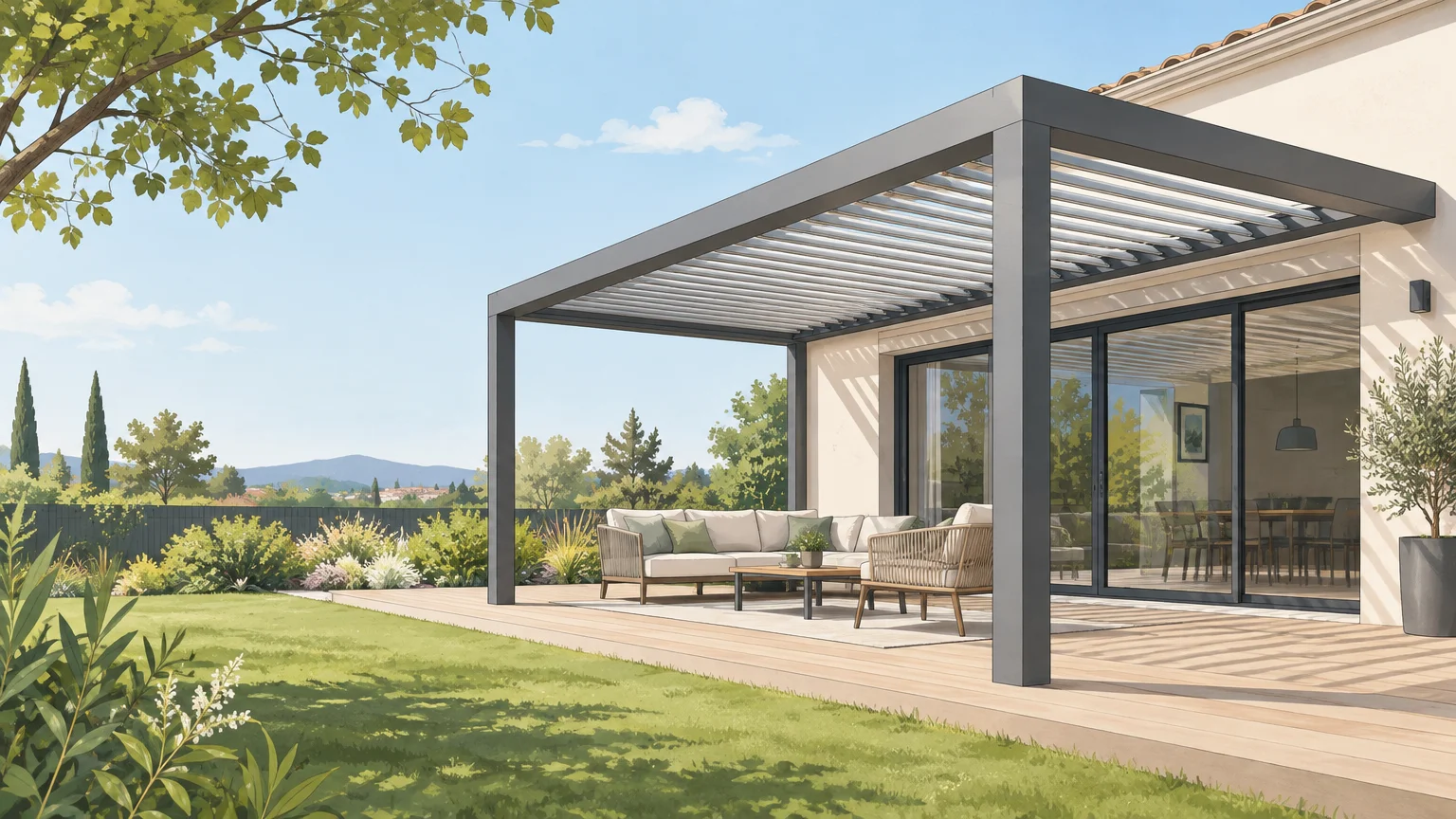 Pergola bioclimatique contemporaine aux lames orientables sur une terrasse