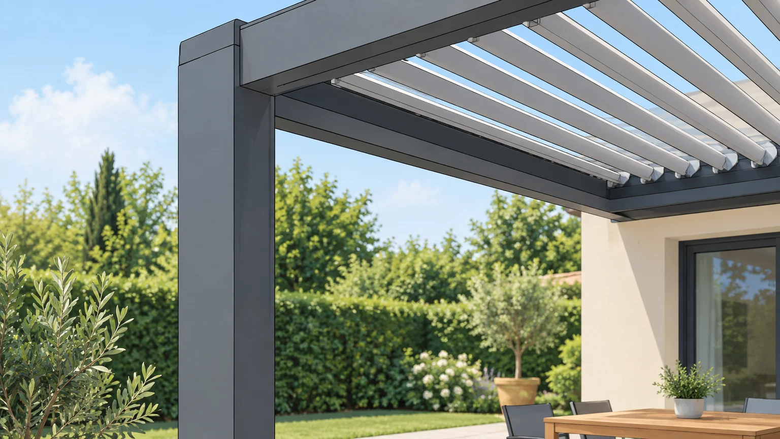 Gros plan sur la structure et les lames d'une pergola bioclimatique en aluminium