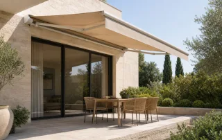 Store-banne déployé au-dessus d’une terrasse contemporaine