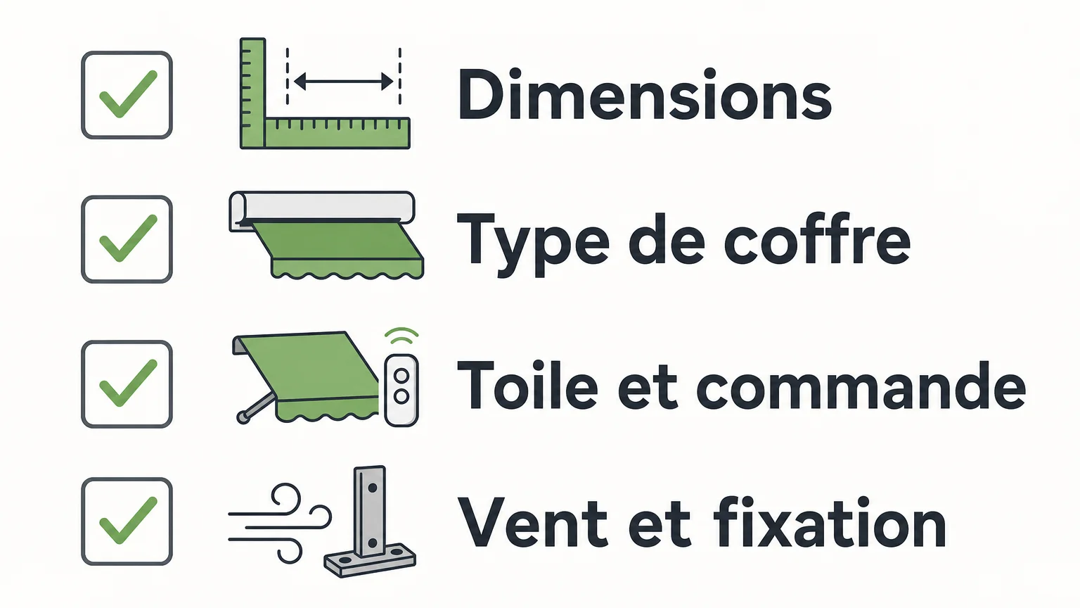 Checklist des critères de choix d'un store-banne : dimensions, coffre, toile et fixation
