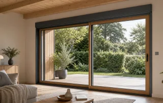 Baie coulissante mixte bois aluminium dans un séjour lumineux