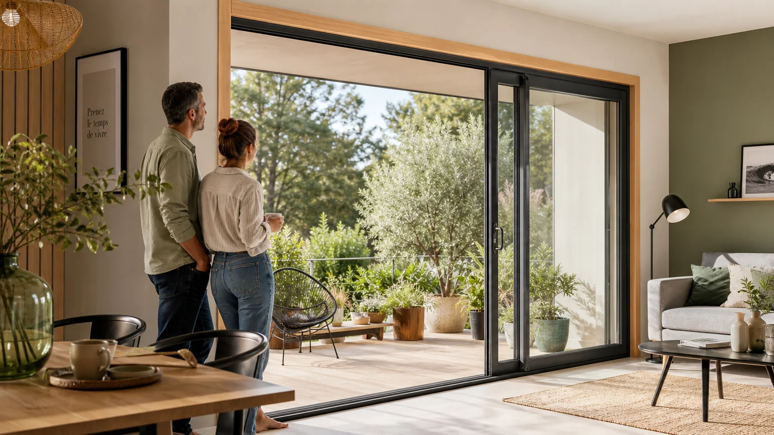Baie coulissante mixte bois aluminium ouverte sur une terrasse