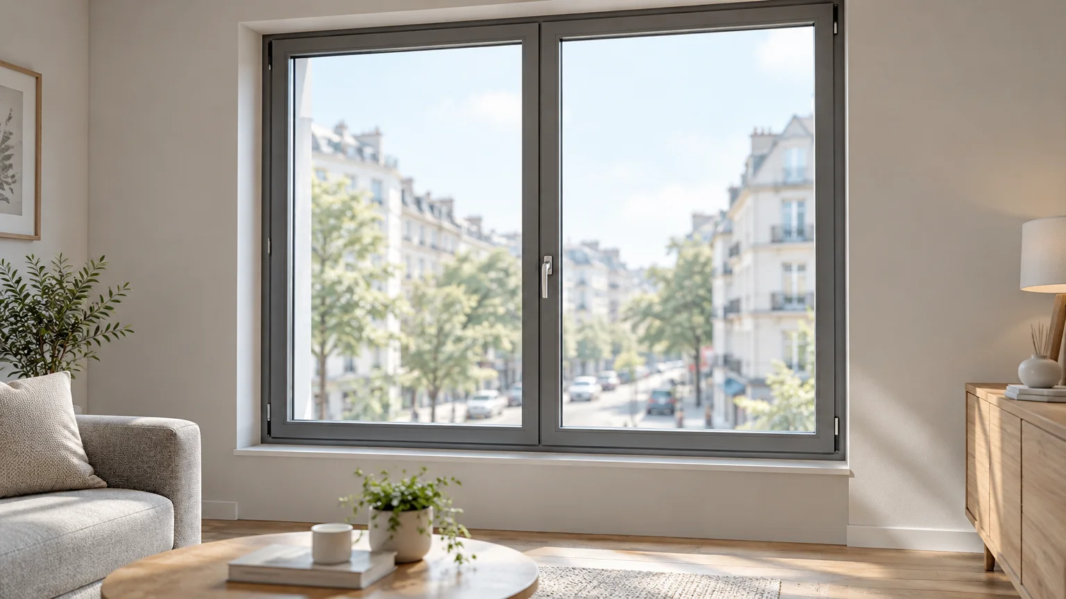 Fenêtre fermée entre un intérieur calme et une rue animée