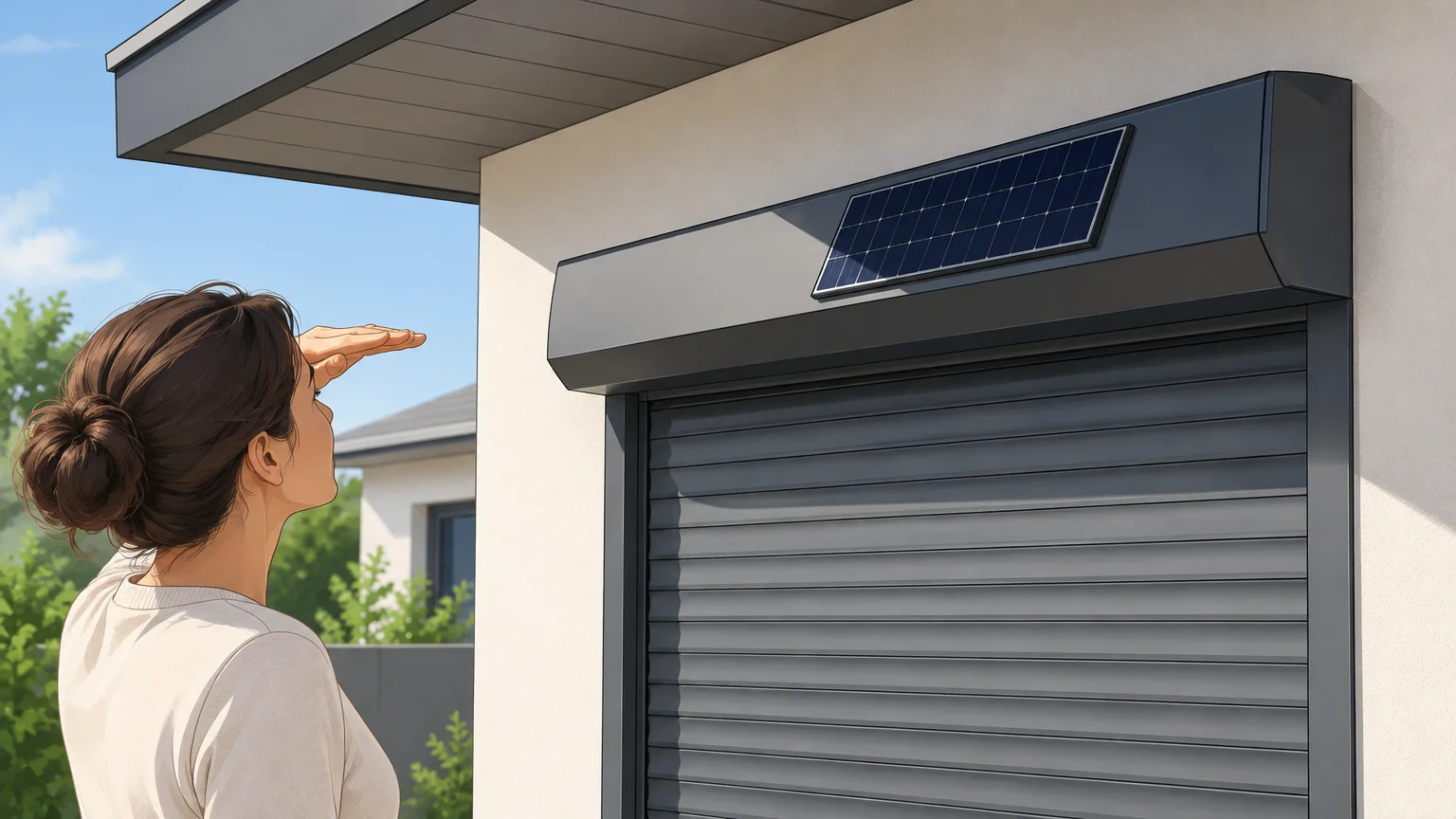Volet solaire placé sous une avancée de toit qui crée une ombre partielle