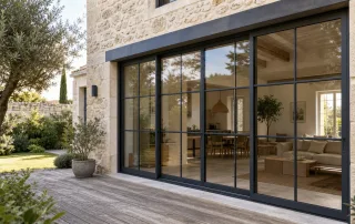 Baie vitrée avec soubassement et petits bois sur une maison française rénovée