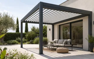 Pergola bioclimatique sur mesure aménageant une terrasse