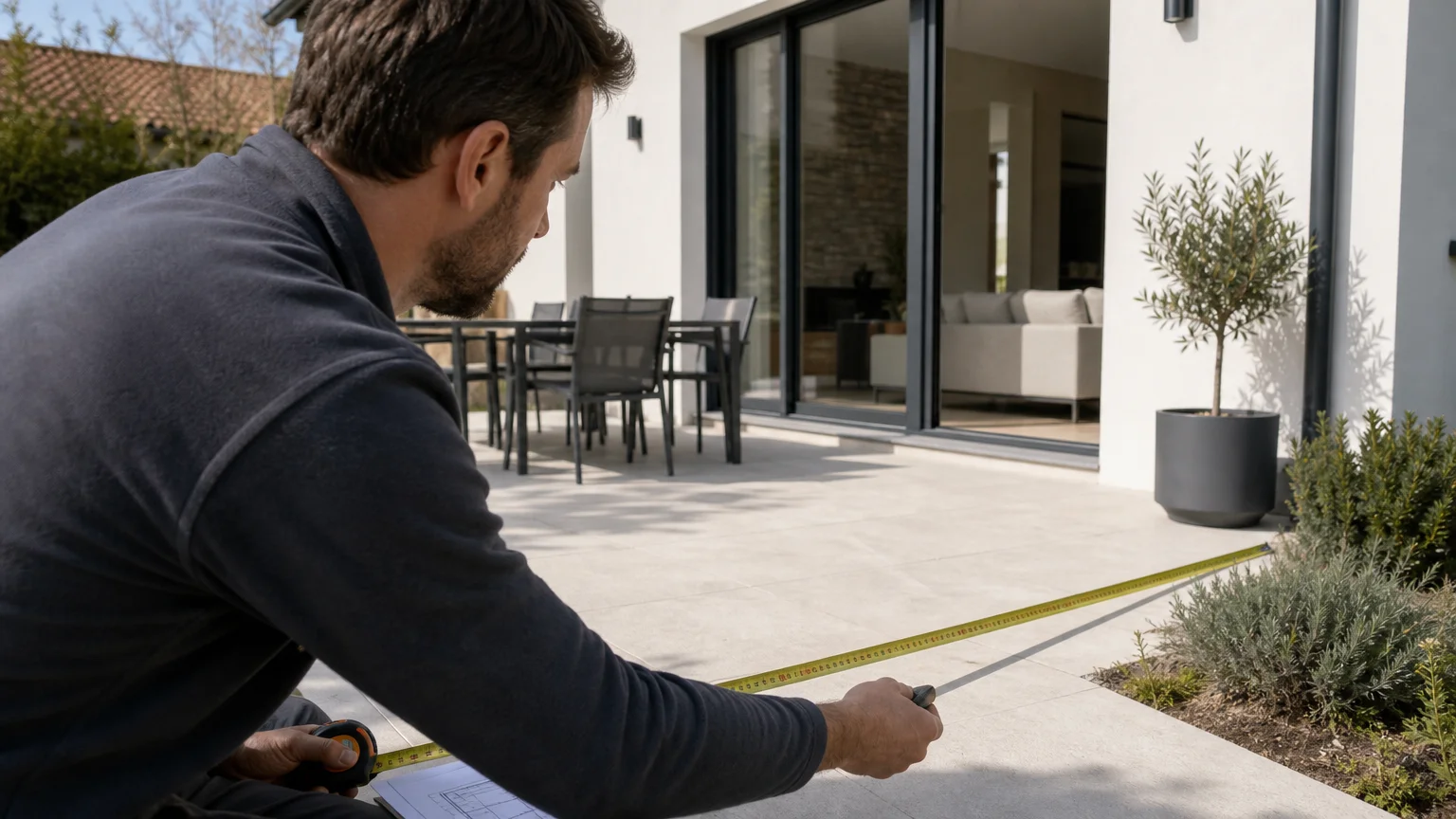 Prise de mesures d'une terrasse pour préparer une pergola sur mesure