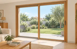 Baie vitrée en bois levant-coulissante ouverte sur un jardin