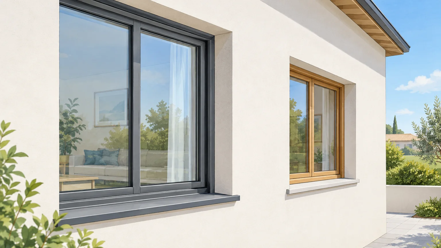 Détail de fenêtres en aluminium et en bois dans une maison contemporaine