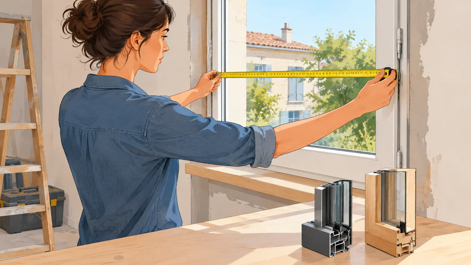 Prise de mesure d'une ouverture pour comparer une fenêtre en aluminium et une fenêtre en bois